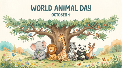 Fototapeta premium World animal day banner showing cute cartoon safari animals gathered under large leafy oak tree full of songbirds in rolling green hills with colorful wildflowers.