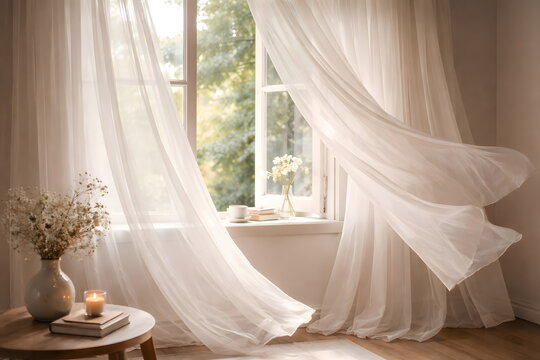 Sunlit room with flowing sheer curtains gently moving near an open window, windy day.