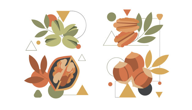 Creative abstract collection of various nuts like walnuts, hazelnuts, pecans, and pistachios in vector design.