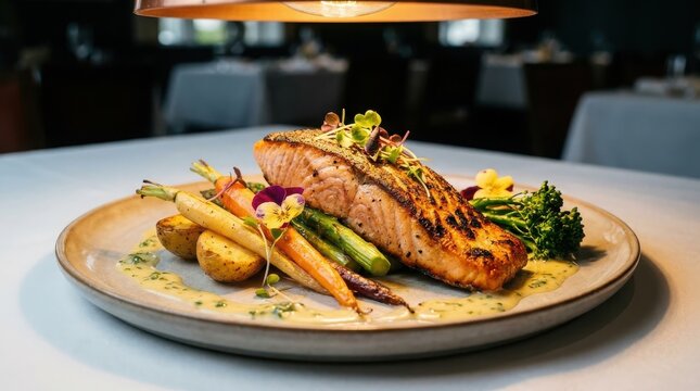 Salmon fillet served with roasted vegetables and creamy sauce on a restaurant table.