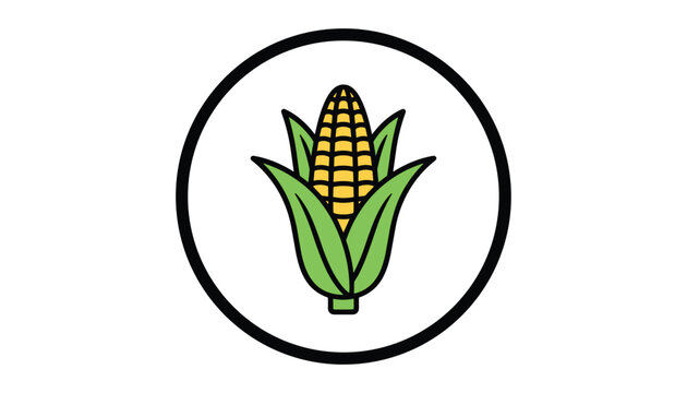 Corn cob icon inside circle depicts fresh yellow sweetcorn surrounded by green leaves on white background.
