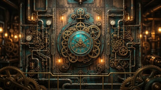 Steampunk clockwork mechanism with gears, pipes, and gauges