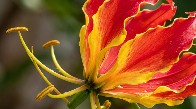 Macro Close Up of Flame Lily Gloriosa Superba Wavy Red Yellow Petals