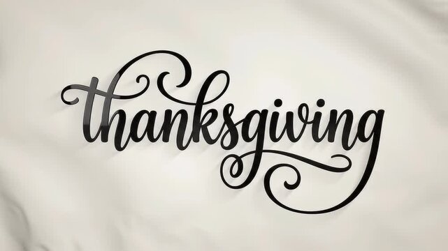 Thanksgiving typographic animation with elegant flowing script lettering moving smoothly over a soft creamy white silk fabric motion video background