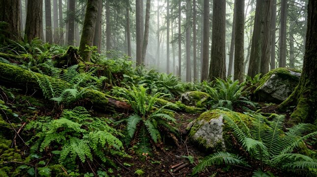 Lush Green Ferns and Mossy Rocks in a Misty Evergreen Forest