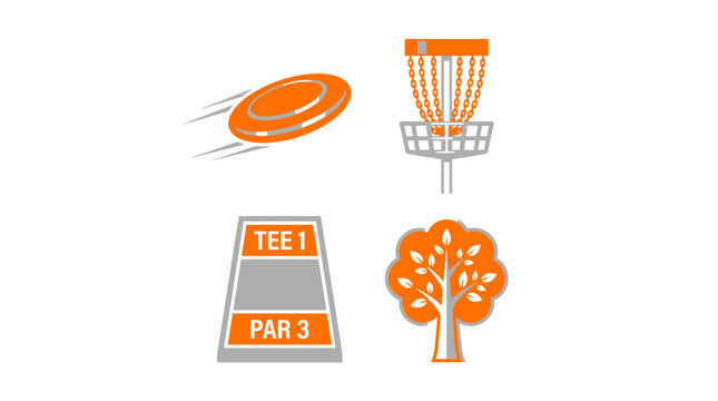 Vector icons for disc golf, depicting a flying disc, target basket, tee pad, and tree. Perfect for outdoor sports promotion, recreation, and active lifestyle designs