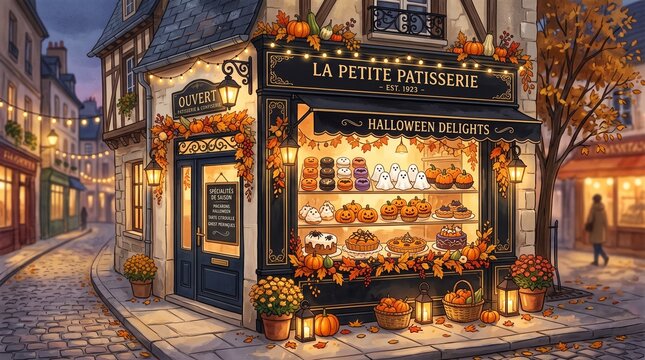 Charming vintage European street corner bakery shop decorated for the autumn season with festive pumpkins fall foliage warm golden glowing lights and delicious seasonal pastry treats