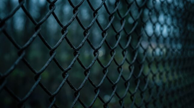 Close up of weathered dark chain-link fence with shallow depth of field