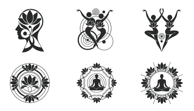 Collection of six black and white logos and icons representing yoga, meditation, lotus flower, and mental balance.