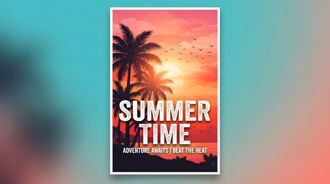 Summer time tropical poster with palm tree silhouettes at sunset