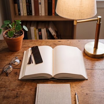 Open blank book on rustic wooden desk with lamp and glasses