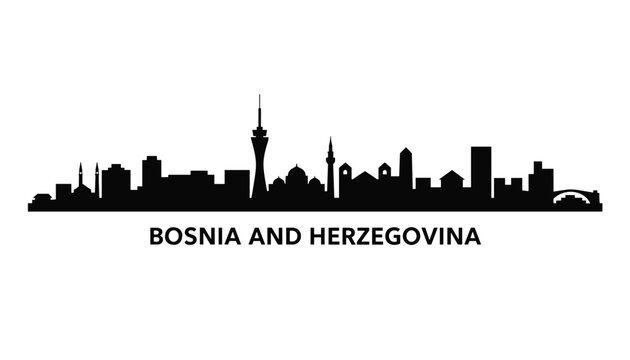 Black silhouette of the Bosnia and Herzegovina skyline featuring Sarajevo buildings and historical landmarks.