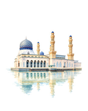 Kota Kinabalu City Mosque Watercolor Illustration