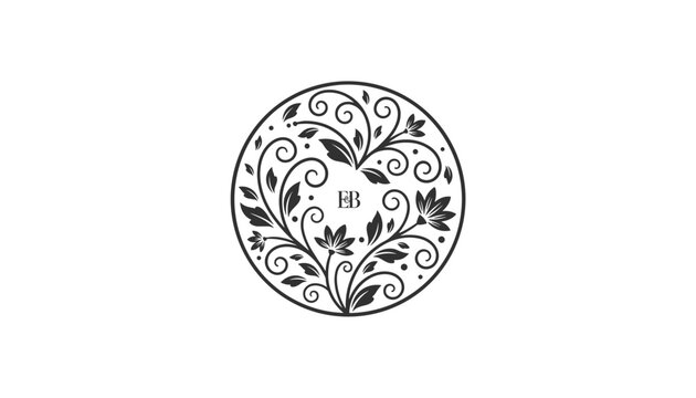 Ornate circular floral monogram featuring elegant swirls and leaves with the letters E B in the center, ideal for luxury branding.