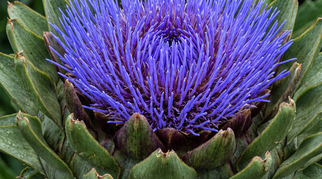 Macro Close Up of Purple Artichoke Globe Flower Cynara Cardunculus Bloom