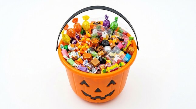 Plastic orange pumpkin bucket filled with assorted colorful Halloween candies isolated on a white studio background