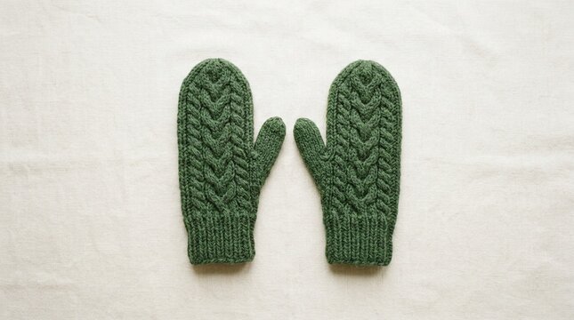 Pair of emerald green handmade cable knit wool mittens resting on textured off white linen fabric