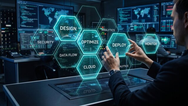 Cybersecurity and software development team working with futuristic digital workflow interface in technology operations center