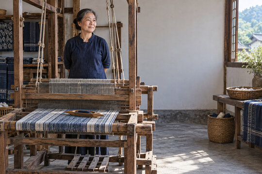 Traditional textile artisan beside a wooden hand loom