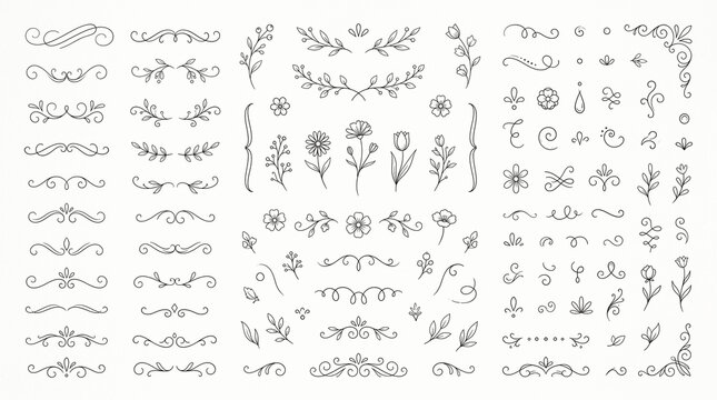 Hand drawn floral doodles and vintage flourishes vector set. Featuring botanical dividers ornate corners leaves and small flowers. Black sketch design elements for stationery and crafts