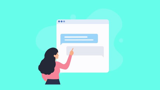 Animated video showing a person interacting with a digital chat interface, representing online messaging and communication on a soft turquoise background.