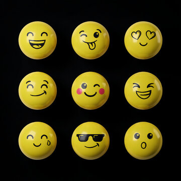 A set of nine glossy yellow emojis with various facial expressions is isolated on black background. Perfect for digital communication and social media concepts.