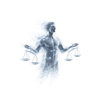 A male silhouette formed of stardust holds balance scales, isolated on white background. Conceptual art for justice and cosmic equilibrium themes.