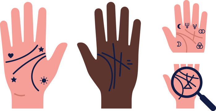 Palmistry Palm Reading Hand Vector Icon Set with Fate Lines, Astrological Symbols, and Magnifying Glass for Spiritual Healing, Fortune Telling, and Mystical Designs