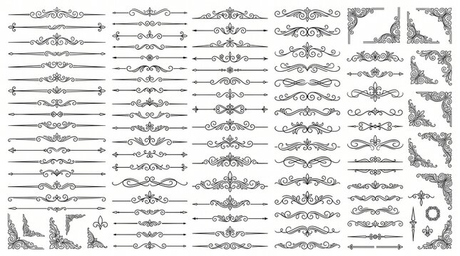 Vintage scroll dividers and flourish corners vector collection. Featuring ornate calligraphic lines floral borders decorative frames and elegant typography accents for wedding stationery