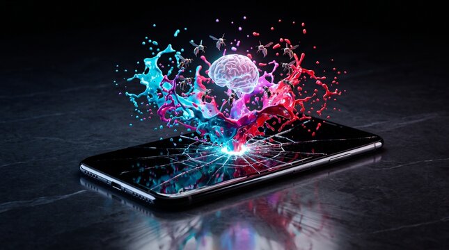 A sleek, borderless black smartphone resting on a dark slate surface, its glass face shattered down the middle.
