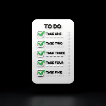 A clean 3D render of a to-do list with five completed tasks and green checkmarks isolated on black background. Ideal for project management and productivity concepts.