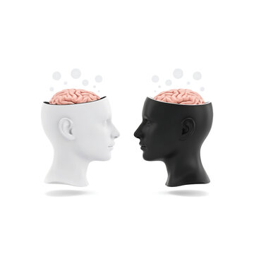 Black and white human heads with exposed brains isolated on white background. Conceptual visual for balanced thinking and psychological duality in mental health.