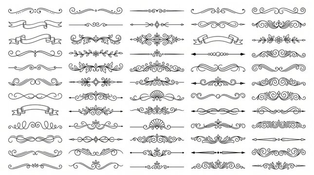 Vintage dividers and calligraphic flourishes vector illustration set. Featuring ornate scrolls decorative borders floral flourishes and ribbon banners for stationery and web design