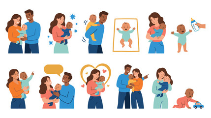 Fototapeta premium Happy parents interacting with newborn babies in everyday scenarios.