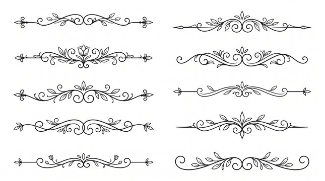 Vintage floral dividers and flourish ornaments. Hand-drawn calligraphy scrolls. Decorative line breaks and botanical borders. Elegant flourishes for wedding invitations and stationery design