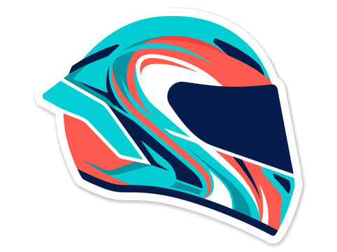 Colorful motorcycle racing helmet sticker illustration, isolated graphic vector on white background