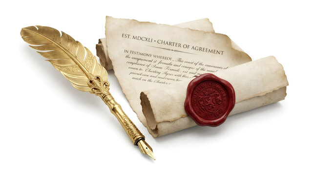 Vintage Feather Quill Pen and Scroll Document with Red Wax Seal Isolated on White Background for Legal and History Concept