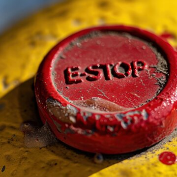 Macro photo of industrial emergency stop button with Canon EOS R5 focal point on red plastic texture ESTOP lettering and dust motes
