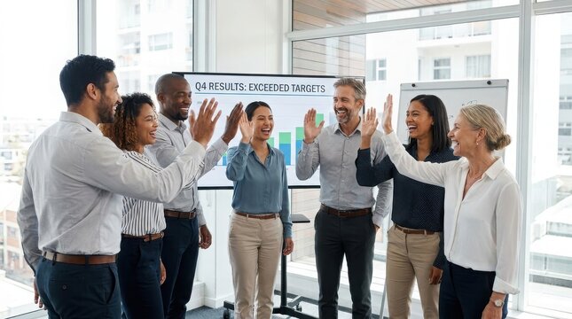 Business team gives high fives celebrating successful quarterly results in a modern office.