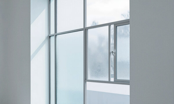 Decorative glass partition window with textured glazing in a modern interior showing natural light and spatial drama