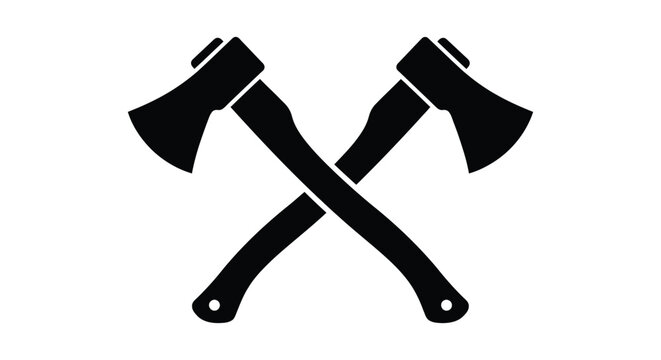 Two crossed hand axes are depicted as a black silhouette on a white background