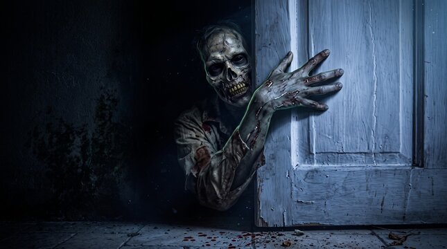 Zombie monster peeking through open door during spooky season symbolizing supernatural fear and horror
