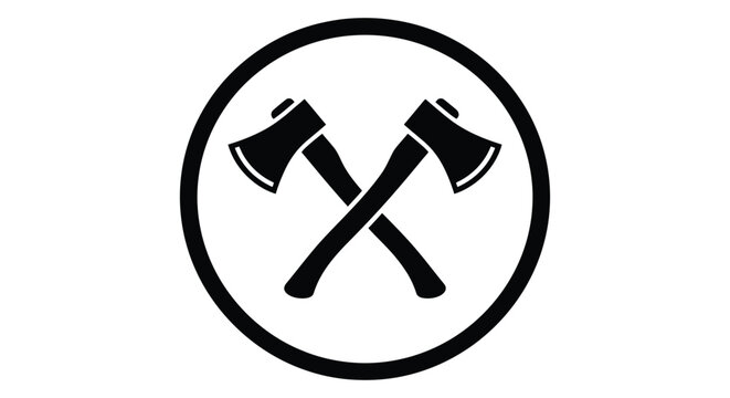 Two crossed axes within a circular frame a black silhouette on white
