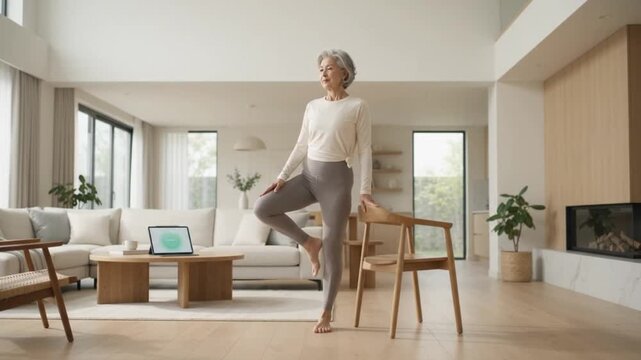 Senior Woman Standing in Bright Living Room Demonstrating Movement in Modern Home Setting