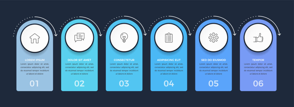 Horizontal process infographic template with six vertical rectangular elements connected by curved directional arrows. Dark background