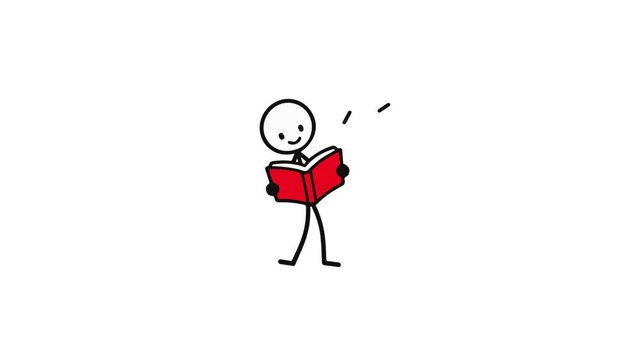 Animated stickman character standing and reading a red book. Represents education, learning, studying, reading, and gaining new knowledge.