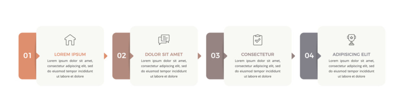 Four step infographic template arranged in a horizontal row with arrow connectors. 4 steps flow chart or process graphic for business presentations. Vector illustration