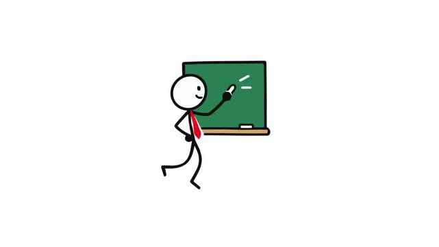 Stick figure wearing a red tie standing and writing on a green chalkboard, representing teaching, education, presentations, and business training.