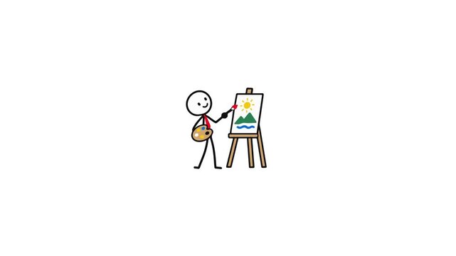 Animated stick figure character holding a palette and painting a landscape on a canvas on an easel, representing creativity, art, hobby, and education.