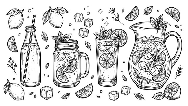 Hand drawn collection of refreshing lemonade drinks with lemons and mint leaves